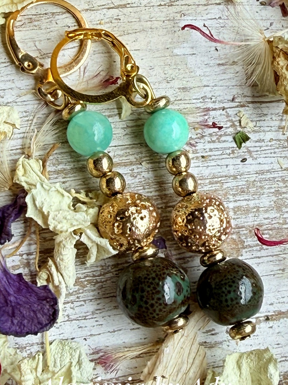 Alquimia Aqua amazonite and Gold Bead Dangle Earrings